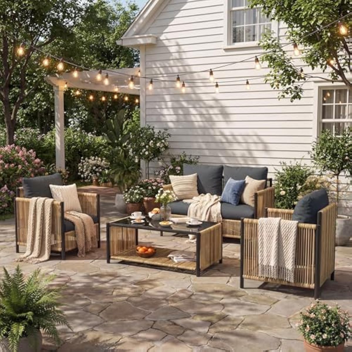 Outdoor Furniture Plus - Conjunto de Mimbre Bohemio para Exteriores